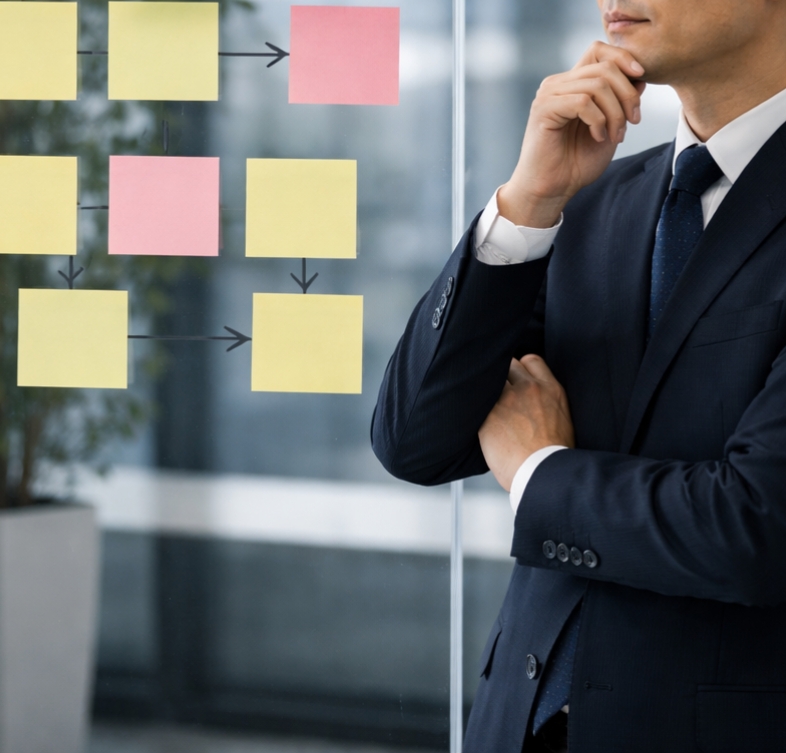 情報を整理したポストイットを見て事業承継の進め方を考えるコンサルタント