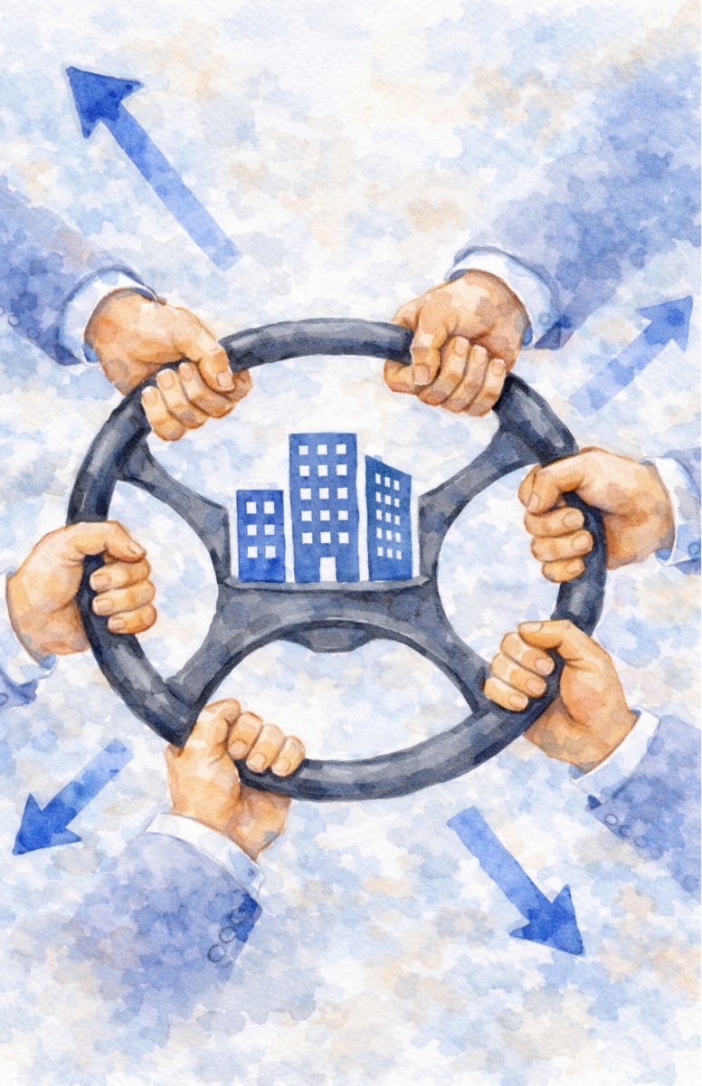 人が様々な方向から会社というハンドルを引っ張りあっている様子