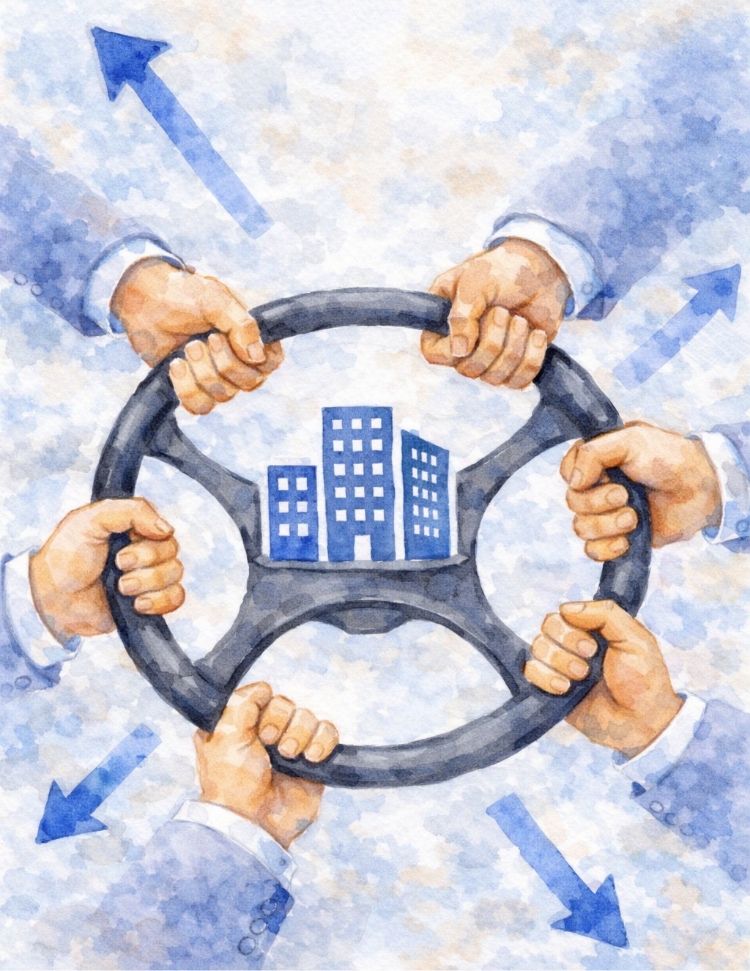 人が様々な方向から会社というハンドルを引っ張りあっている様子