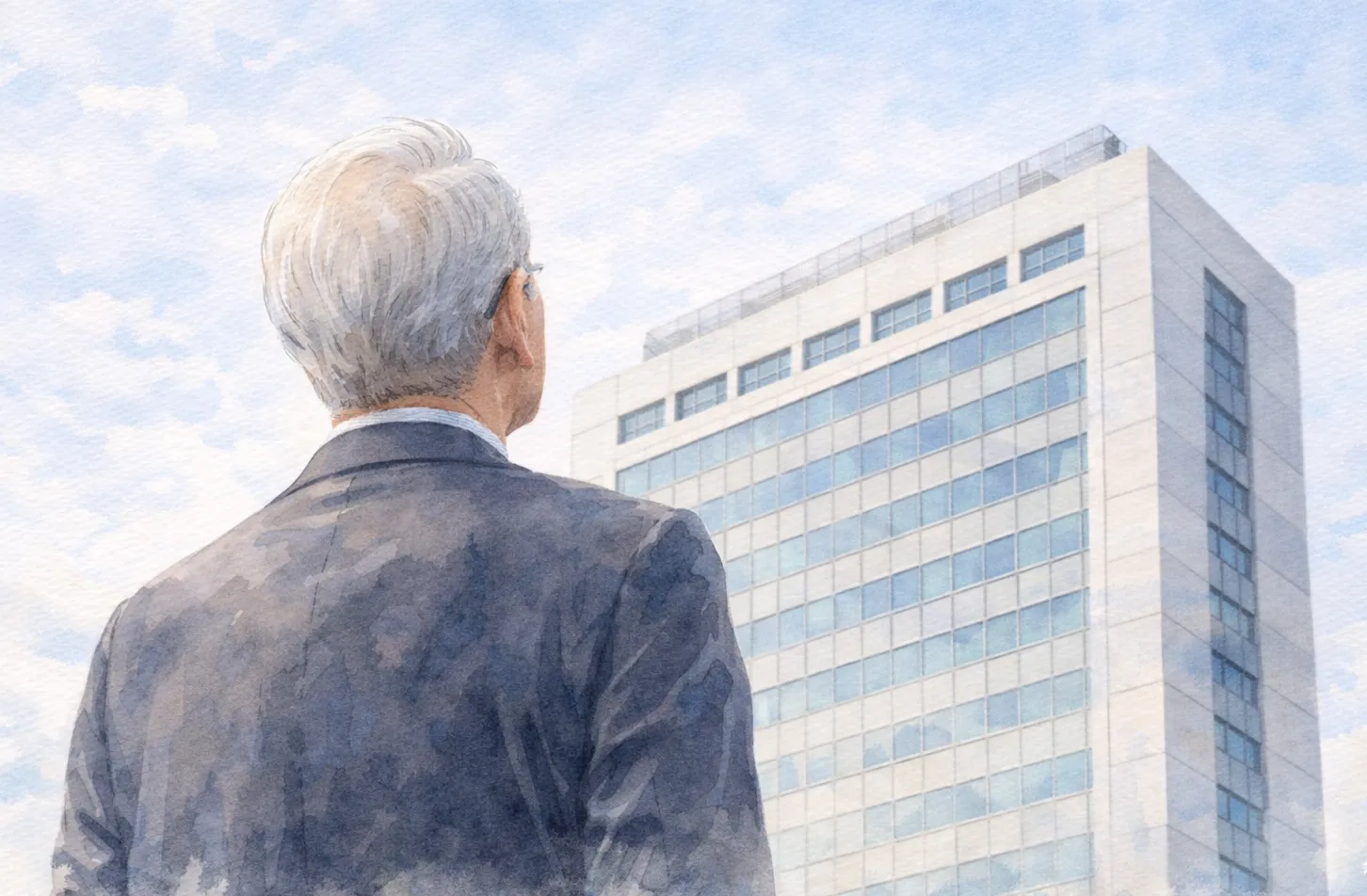 会社を見上げる経営者の様子