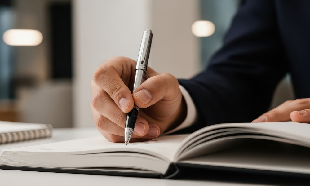 課題の認識のため、ノートにメモをとりながら状況の整理をしている男性