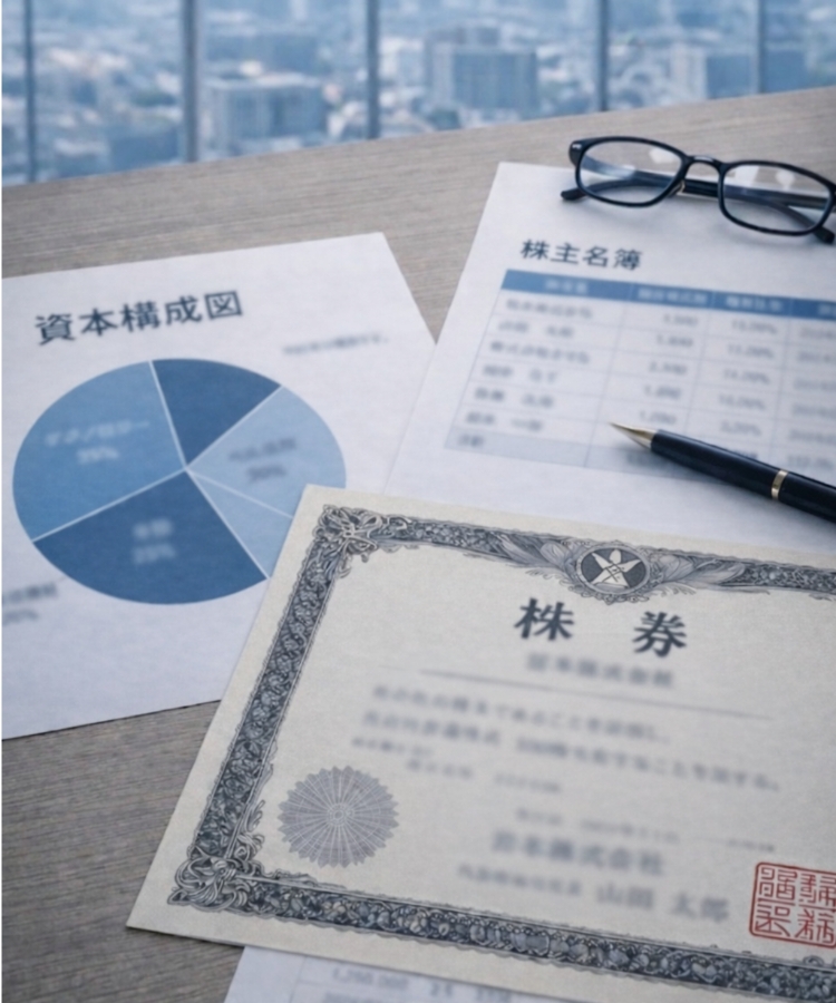 机の上にある株券や株式名簿