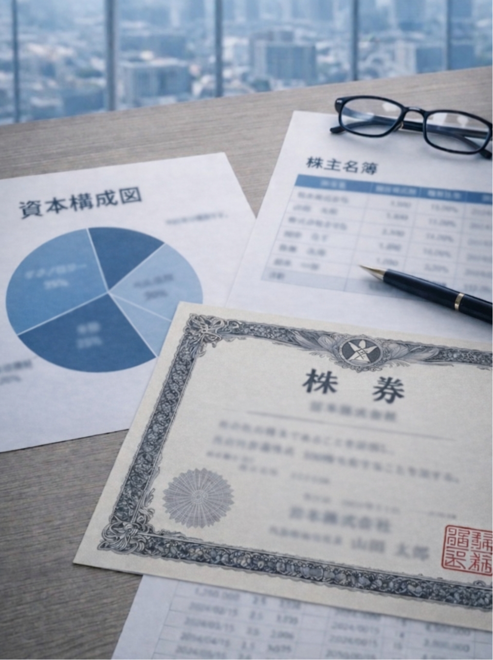 机の上にある株券や株式名簿