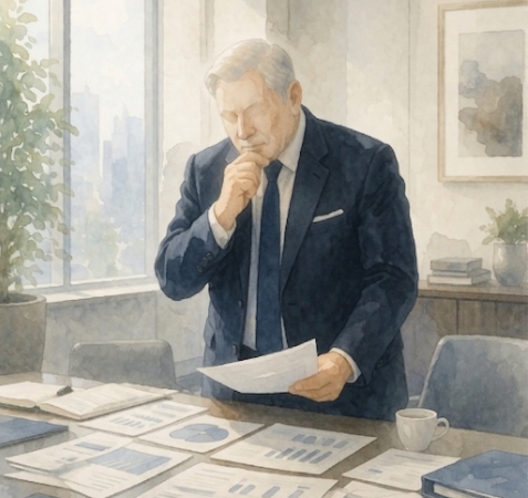 各専門家がくれた書類を見て考え込んでいる経営者の様子