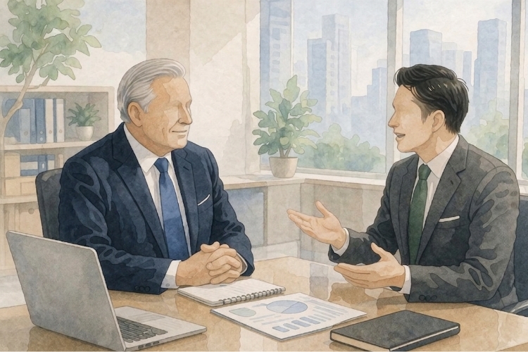 対策実行に向けて、話し合う相伝コンサルティングと経営者