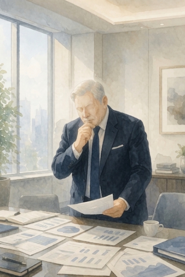 対策実行に向けて、各専門家がくれた書類を見て考え込んでいる経営者の様子