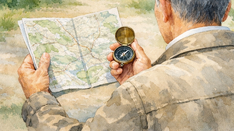 コンパスと地図を見つめ、事業承継の進め方について考える男性