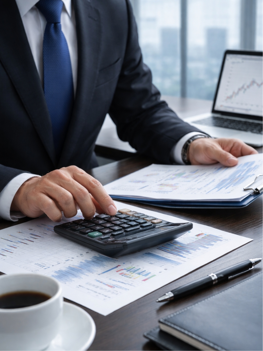 現状の株式の評価額を把握するため、電卓を打つ男性の様子