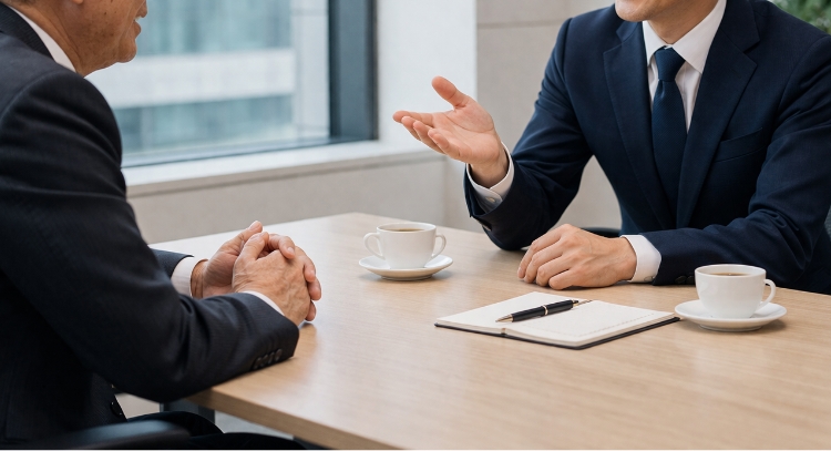 事業承継の最適な設計について話し合うスーツを着た2人の男性