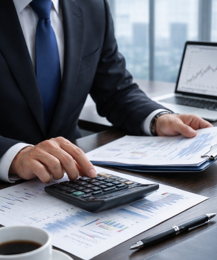 現状の株式の評価額を把握するため、電卓を打つ男性の様子