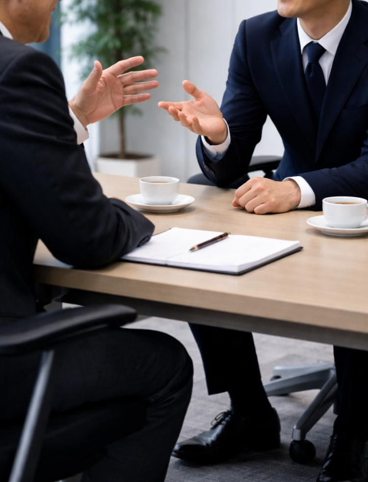 事業承継の最適な設計について話し合うスーツを着た2人の男性